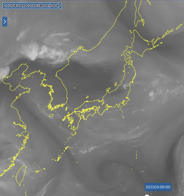 2026年8月2日3時の日本周辺の衛星水蒸気画像