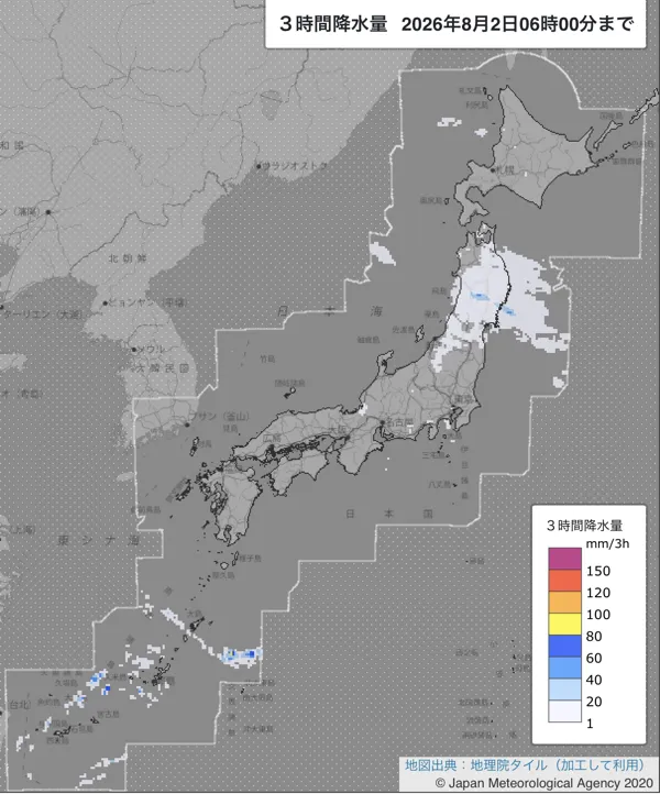 2026年8月2日3〜6時の日本周辺の3時間解析降水量