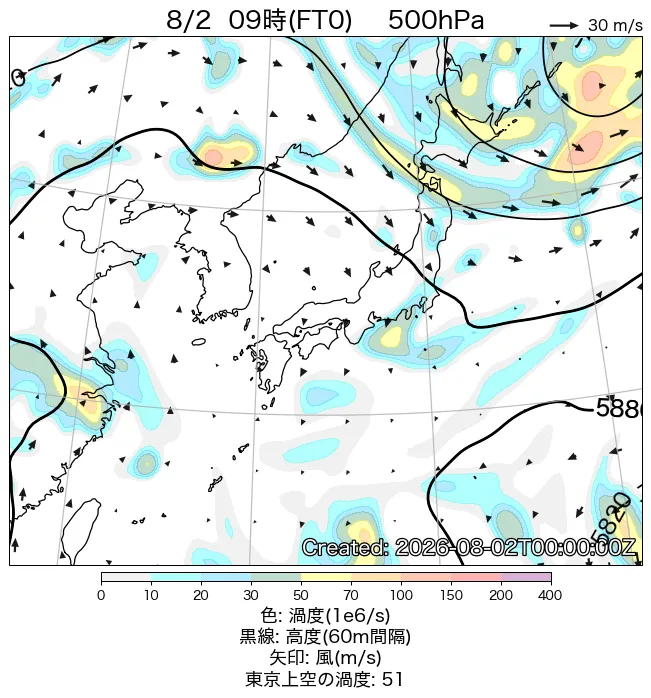 2026年8月2日の日本周辺の500hPa天気図（9時）
