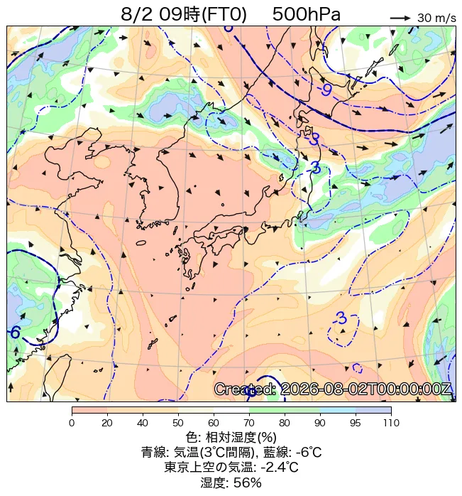 2026年8月2日の日本周辺の500hPa天気図（9時）