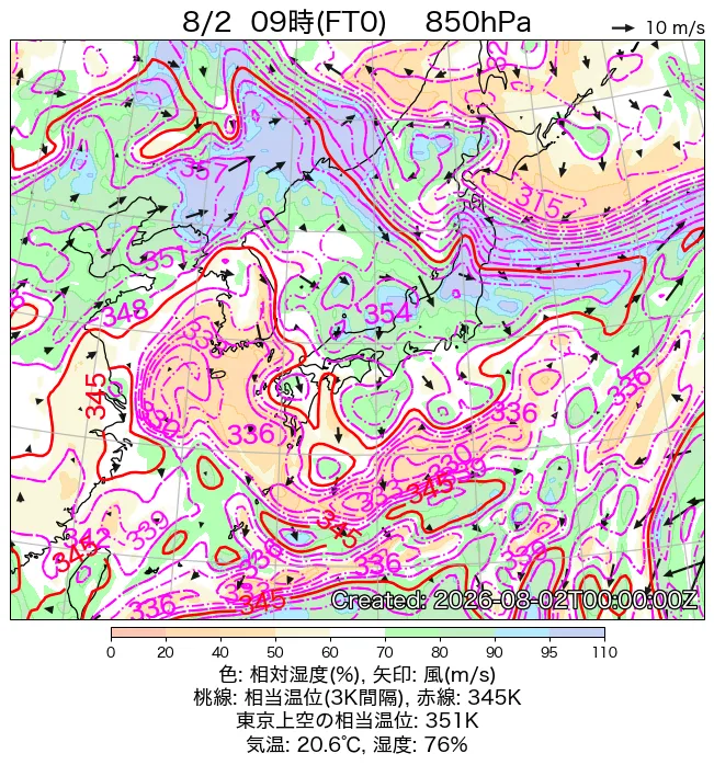 2026年8月2日の日本周辺の850hPa天気図（9時）