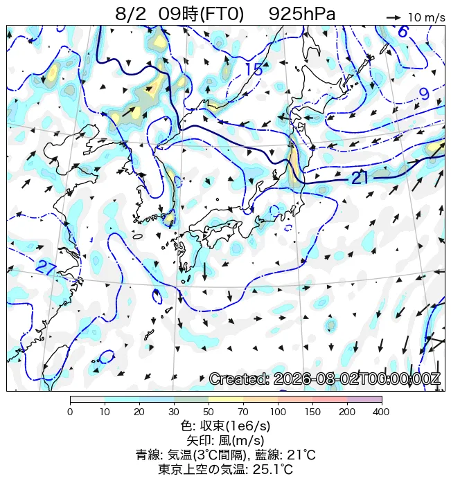 2026年8月2日の日本周辺の925hPa天気図（9時）