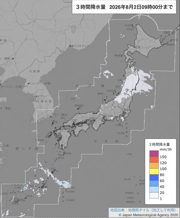 2026年8月2日6〜9時の日本周辺の3時間解析降水量