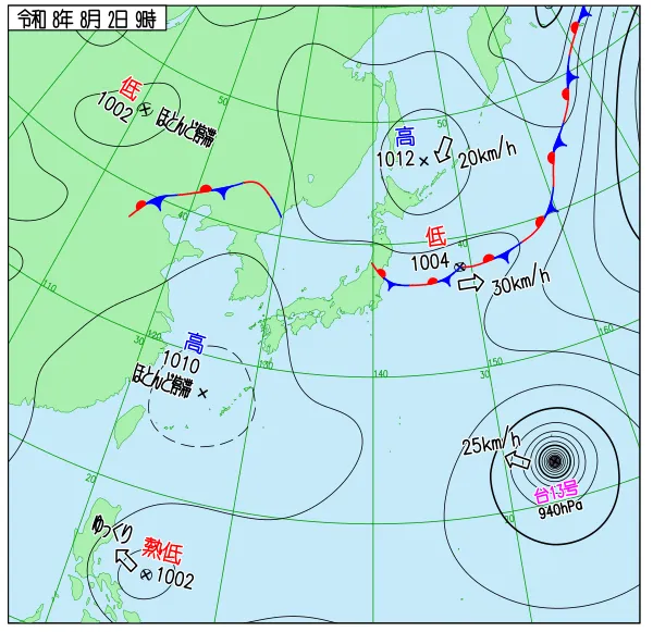 2026年8月2日9時の速報天気図