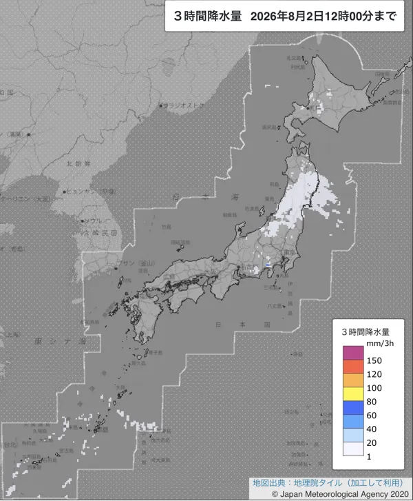 2026年8月2日9〜12時の日本周辺の3時間解析降水量