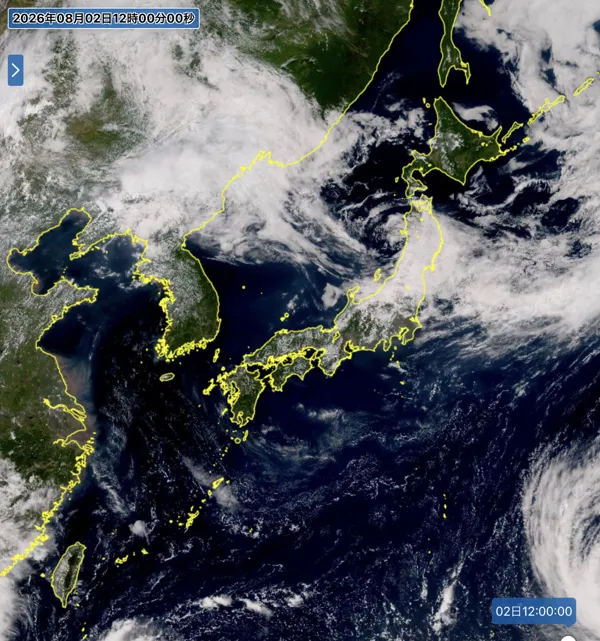 2026年8月2日12時の日本周辺の衛星可視画像