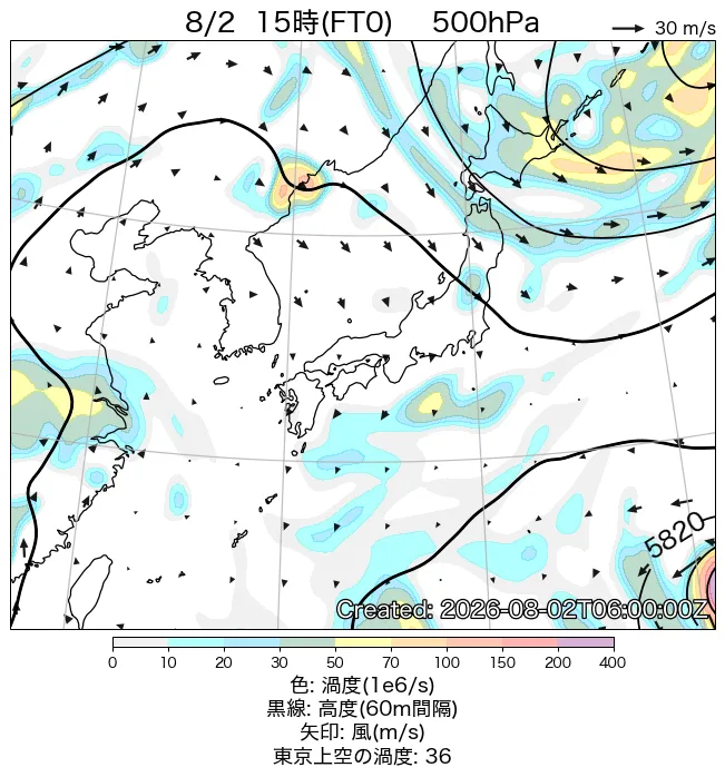 2026年8月2日の日本周辺の500hPa天気図（15時）