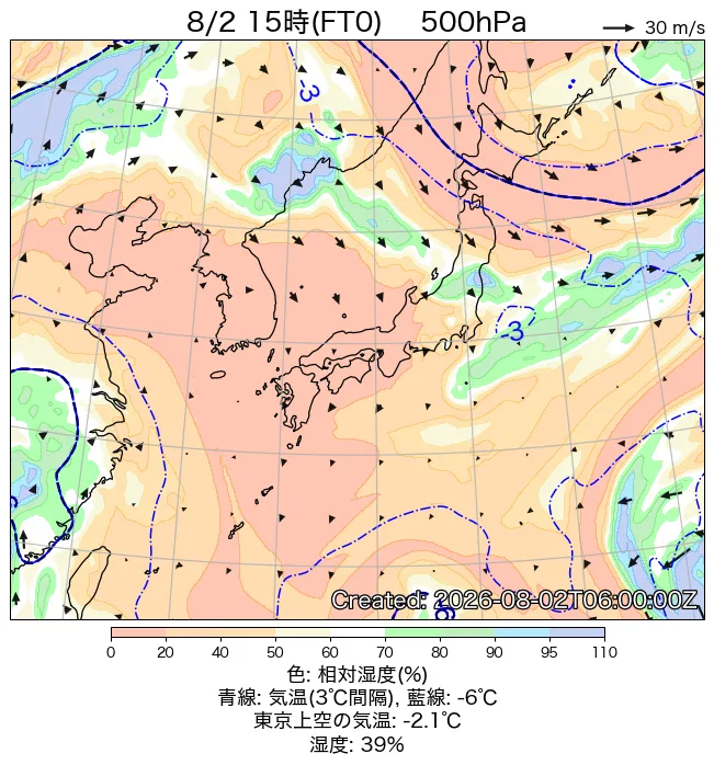 2026年8月2日の日本周辺の500hPa天気図（15時）