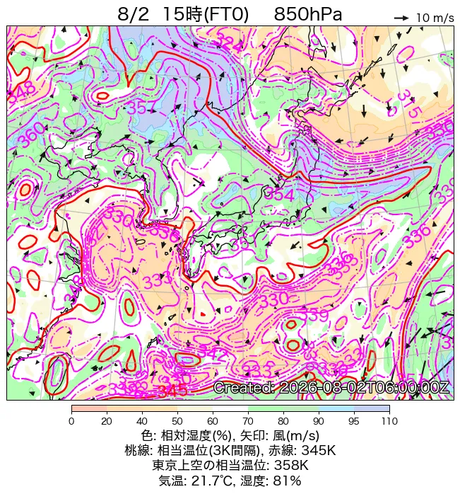 2026年8月2日の日本周辺の850hPa天気図（15時）