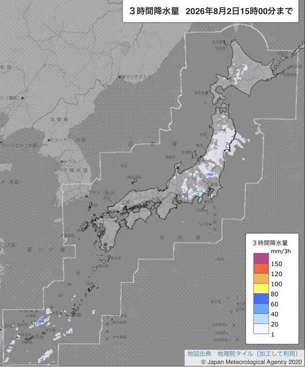 2026年8月2日12〜15時の日本周辺の3時間解析降水量