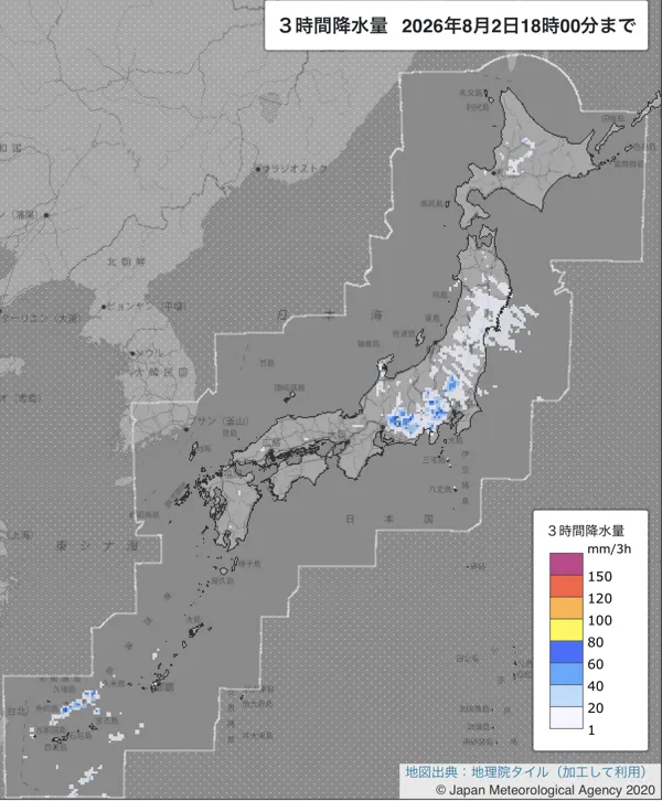 2026年8月2日15〜18時の日本周辺の3時間解析降水量