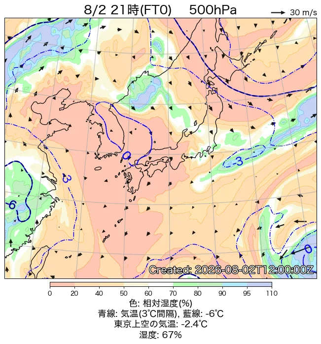 2026年8月2日の日本周辺の500hPa天気図（21時）