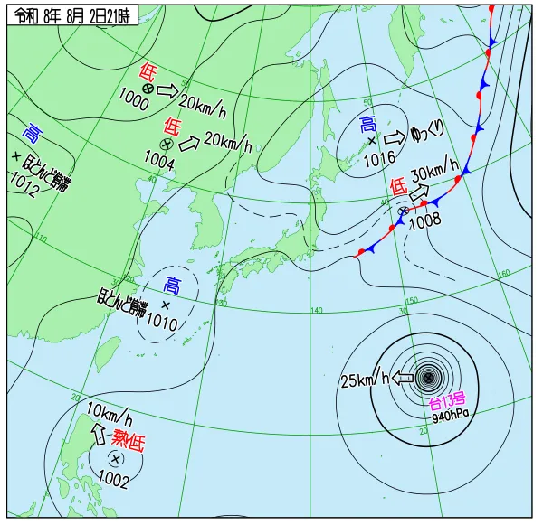 2026年8月2日21時の速報天気図