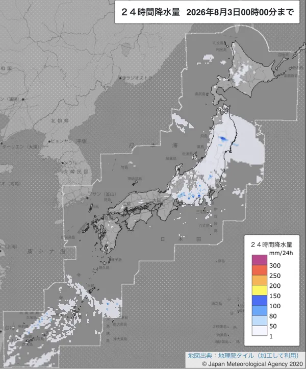 2026年8月2日の日本周辺の日解析雨量の図