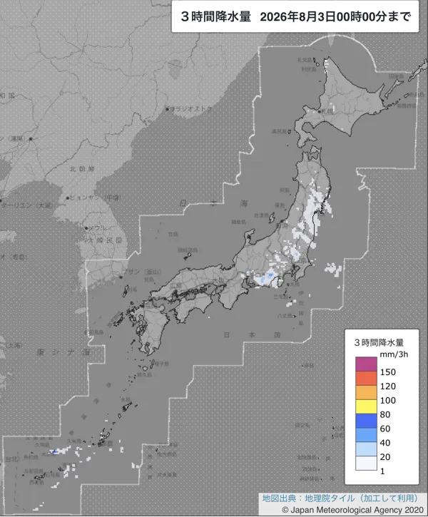 2026年8月2日21〜24時の日本周辺の3時間解析降水量