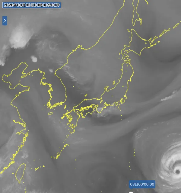 2026年8月2日24時の日本周辺の衛星水蒸気画像