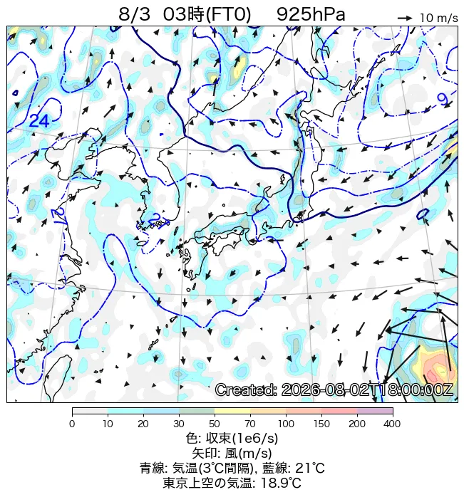 2026年8月3日の日本周辺の925hPa天気図（3時）