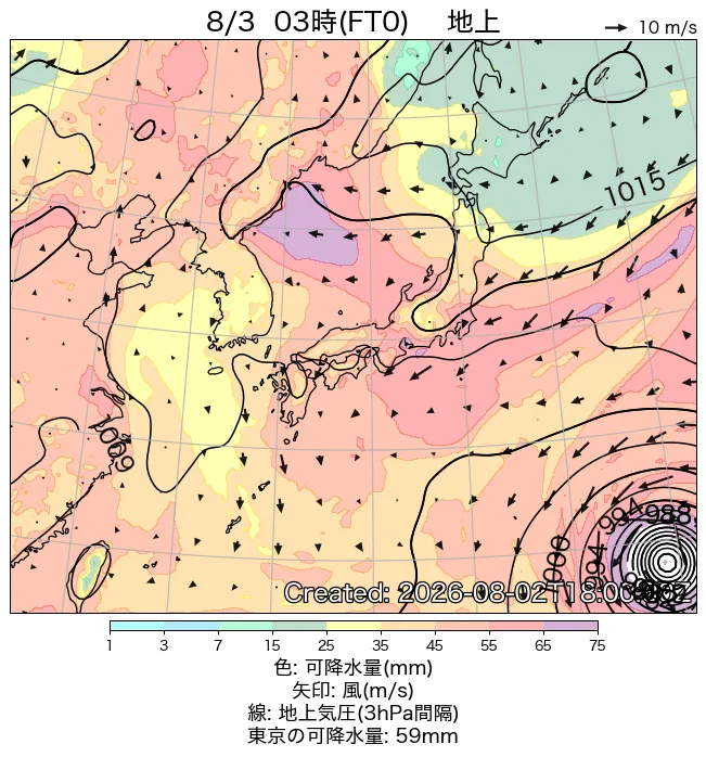 2026年8月3日の日本周辺の地上天気図（3時）