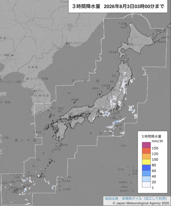 2026年8月3日0〜3時の日本周辺の3時間解析降水量
