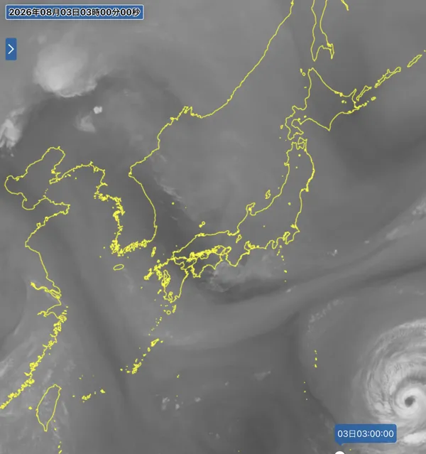 2026年8月3日3時の日本周辺の衛星水蒸気画像