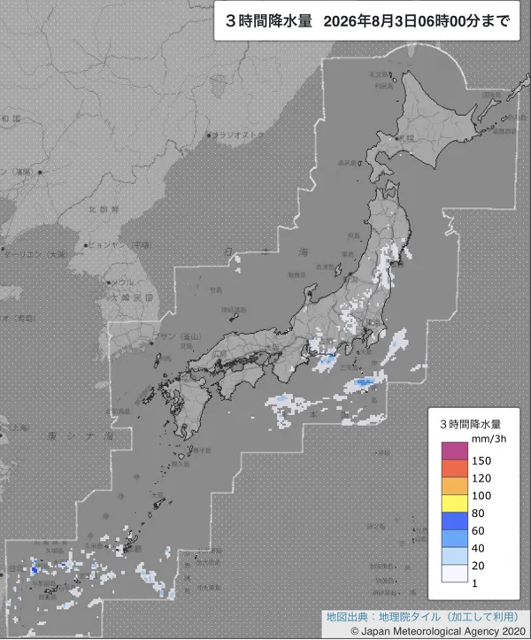 2026年8月3日3〜6時の日本周辺の3時間解析降水量