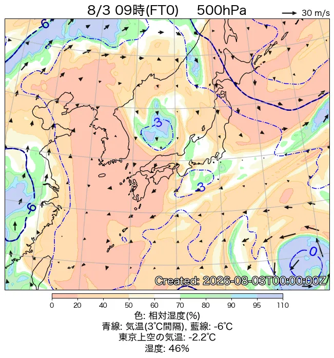 2026年8月3日の日本周辺の500hPa天気図（9時）
