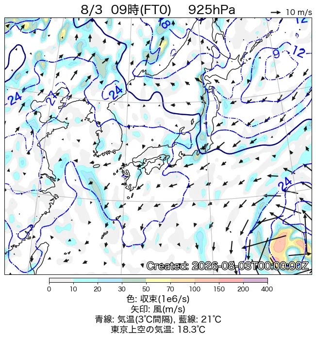 2026年8月3日の日本周辺の925hPa天気図（9時）