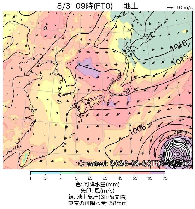 2026年8月3日の日本周辺の地上天気図（9時）