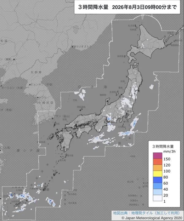 2026年8月3日6〜9時の日本周辺の3時間解析降水量
