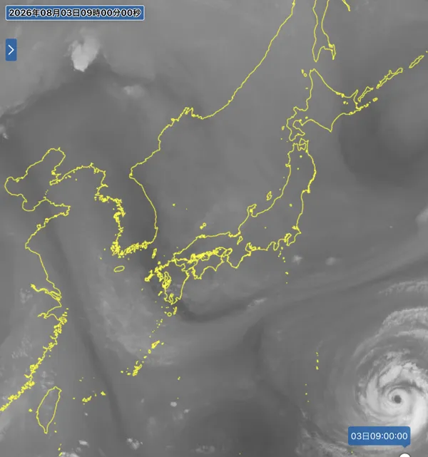 2026年8月3日9時の日本周辺の衛星水蒸気画像