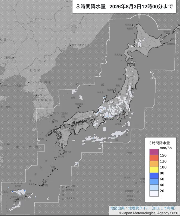 2026年8月3日9〜12時の日本周辺の3時間解析降水量