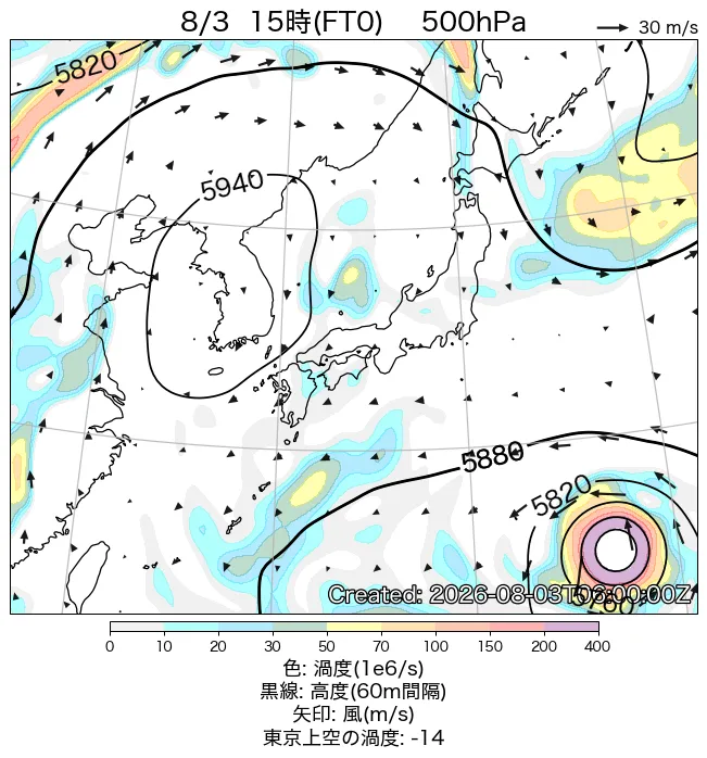 2026年8月3日の日本周辺の500hPa天気図（15時）