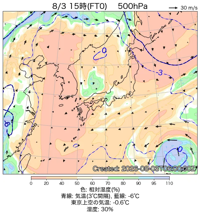 2026年8月3日の日本周辺の500hPa天気図（15時）