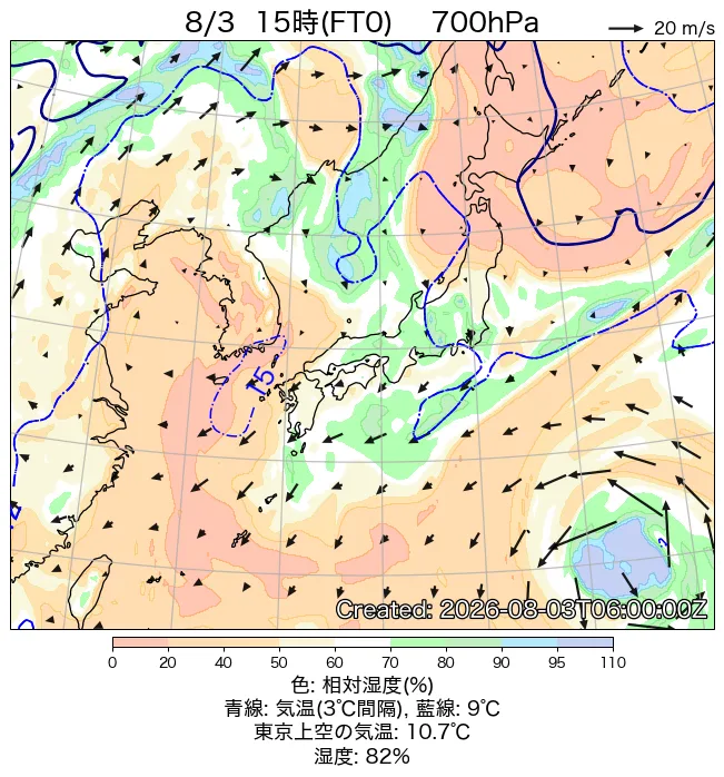 2026年8月3日の日本周辺の700hPa天気図（15時）