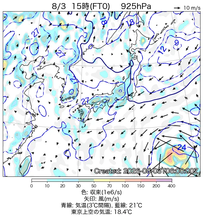 2026年8月3日の日本周辺の925hPa天気図（15時）