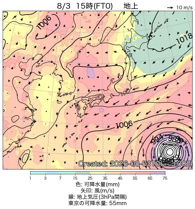 2026年8月3日の日本周辺の地上天気図（15時）