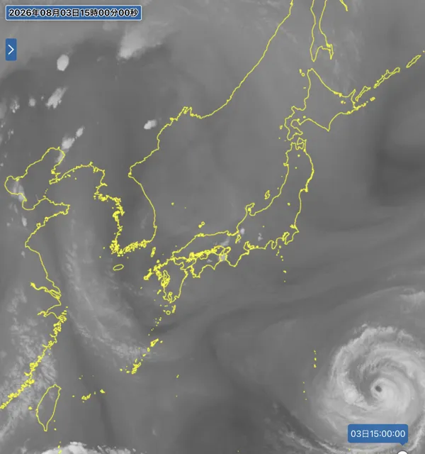 2026年8月3日15時の日本周辺の衛星水蒸気画像