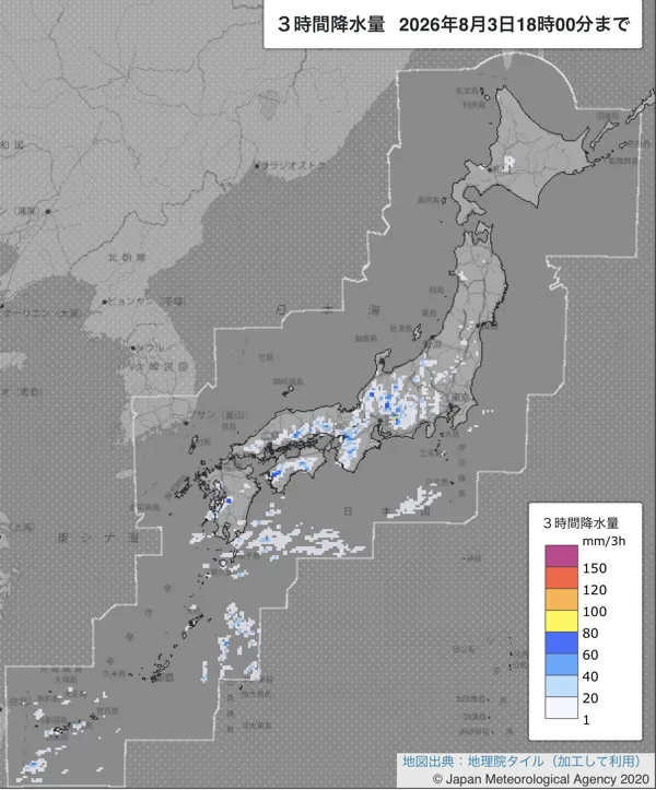 2026年8月3日15〜18時の日本周辺の3時間解析降水量