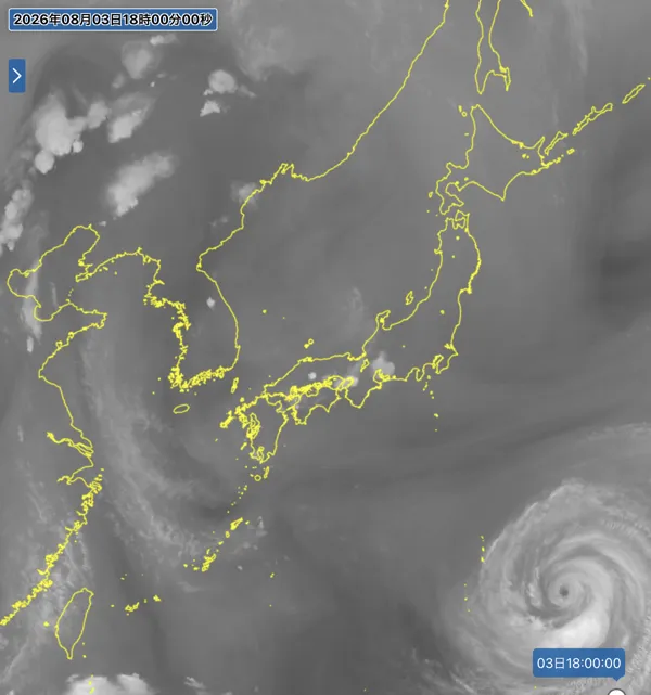 2026年8月3日18時の日本周辺の衛星水蒸気画像