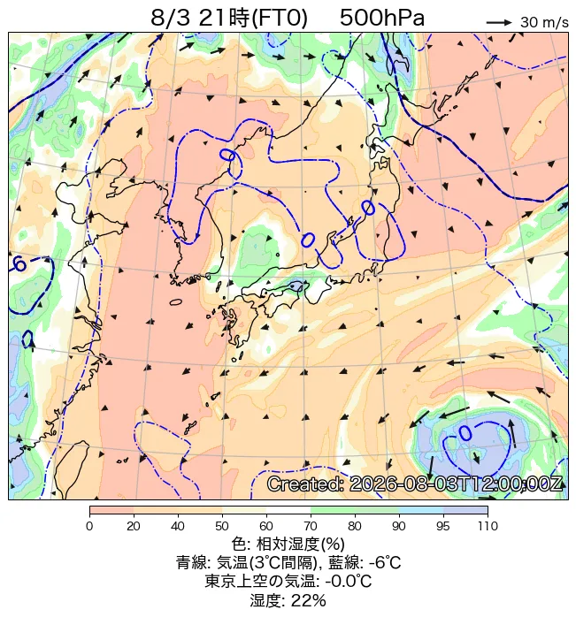 2026年8月3日の日本周辺の500hPa天気図（21時）