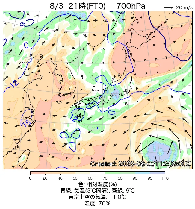 2026年8月3日の日本周辺の700hPa天気図（21時）