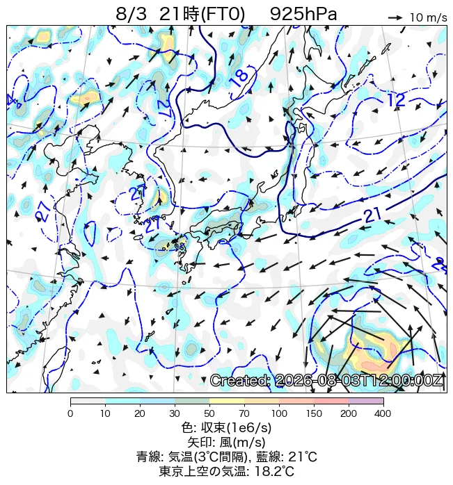 2026年8月3日の日本周辺の925hPa天気図（21時）
