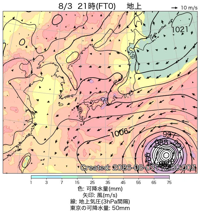 2026年8月3日の日本周辺の地上天気図（21時）