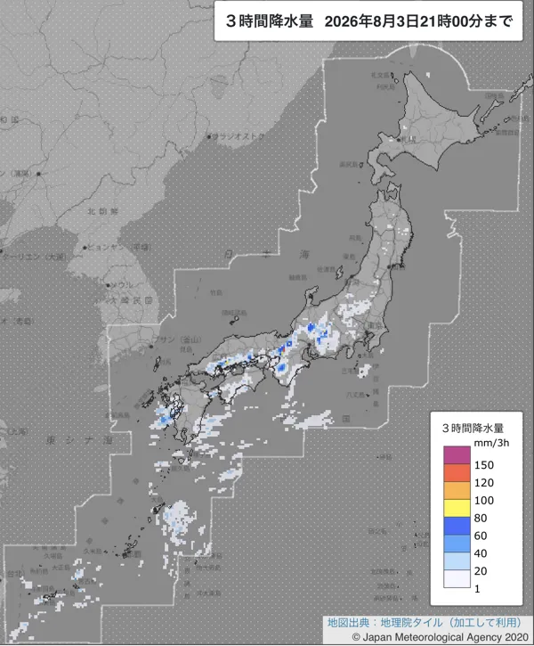 2026年8月3日18〜21時の日本周辺の3時間解析降水量