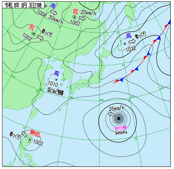 2026年8月3日21時の速報天気図