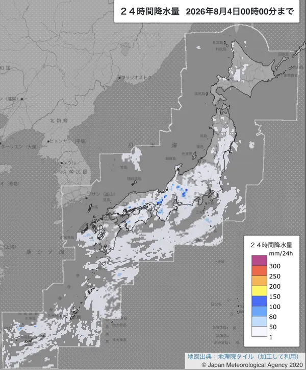 2026年8月3日の日本周辺の日解析雨量の図