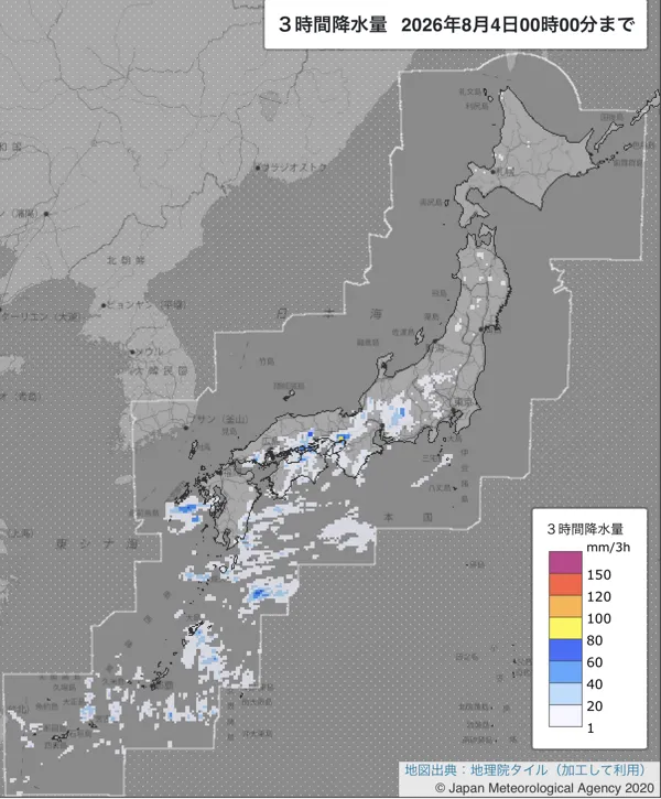 2026年8月3日21〜24時の日本周辺の3時間解析降水量