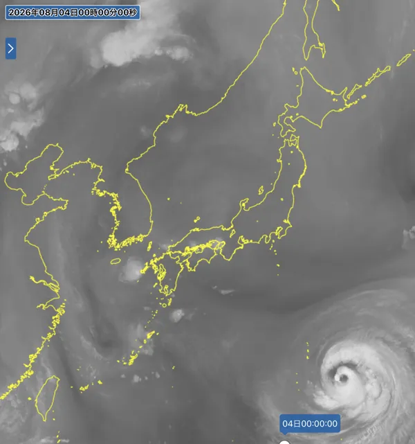 2026年8月3日24時の日本周辺の衛星水蒸気画像