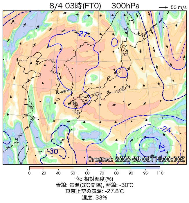 2026年8月4日の日本周辺の300hPa天気図（3時）