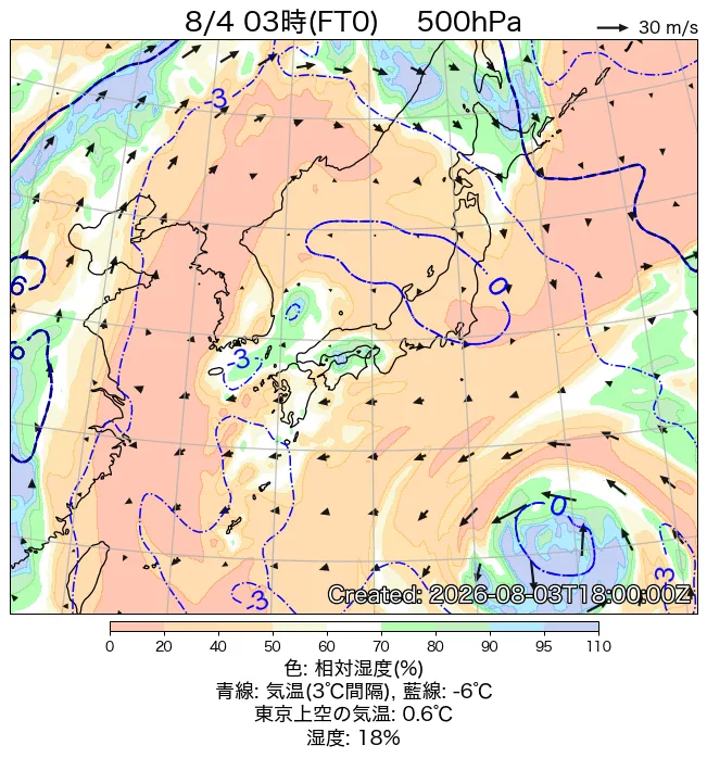 2026年8月4日の日本周辺の500hPa天気図（3時）